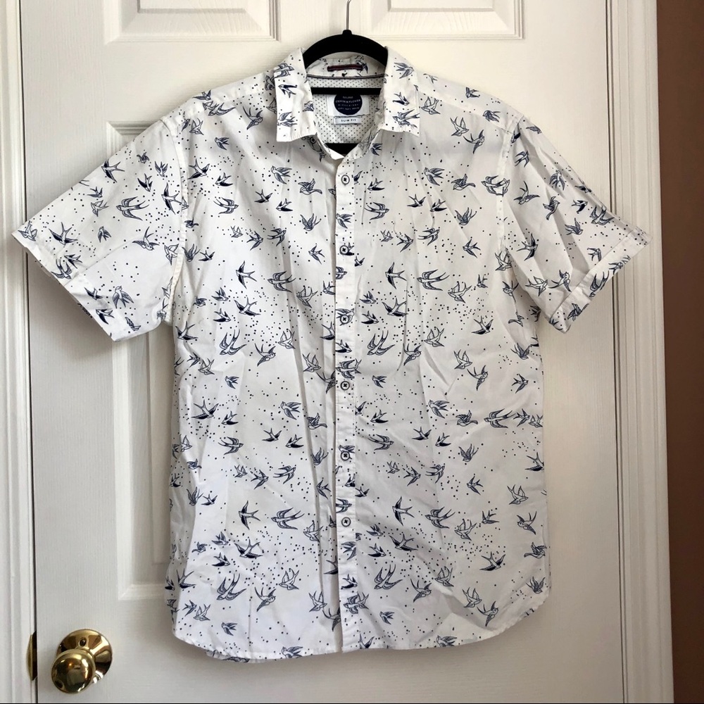 Denim & Flower Bird Short-Sleeve Button Down Shirt